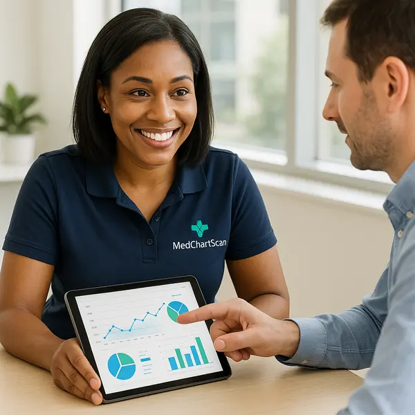 A MedChartScan specialist guides a client through the AI-powered risk adjustment platform during a live demo.