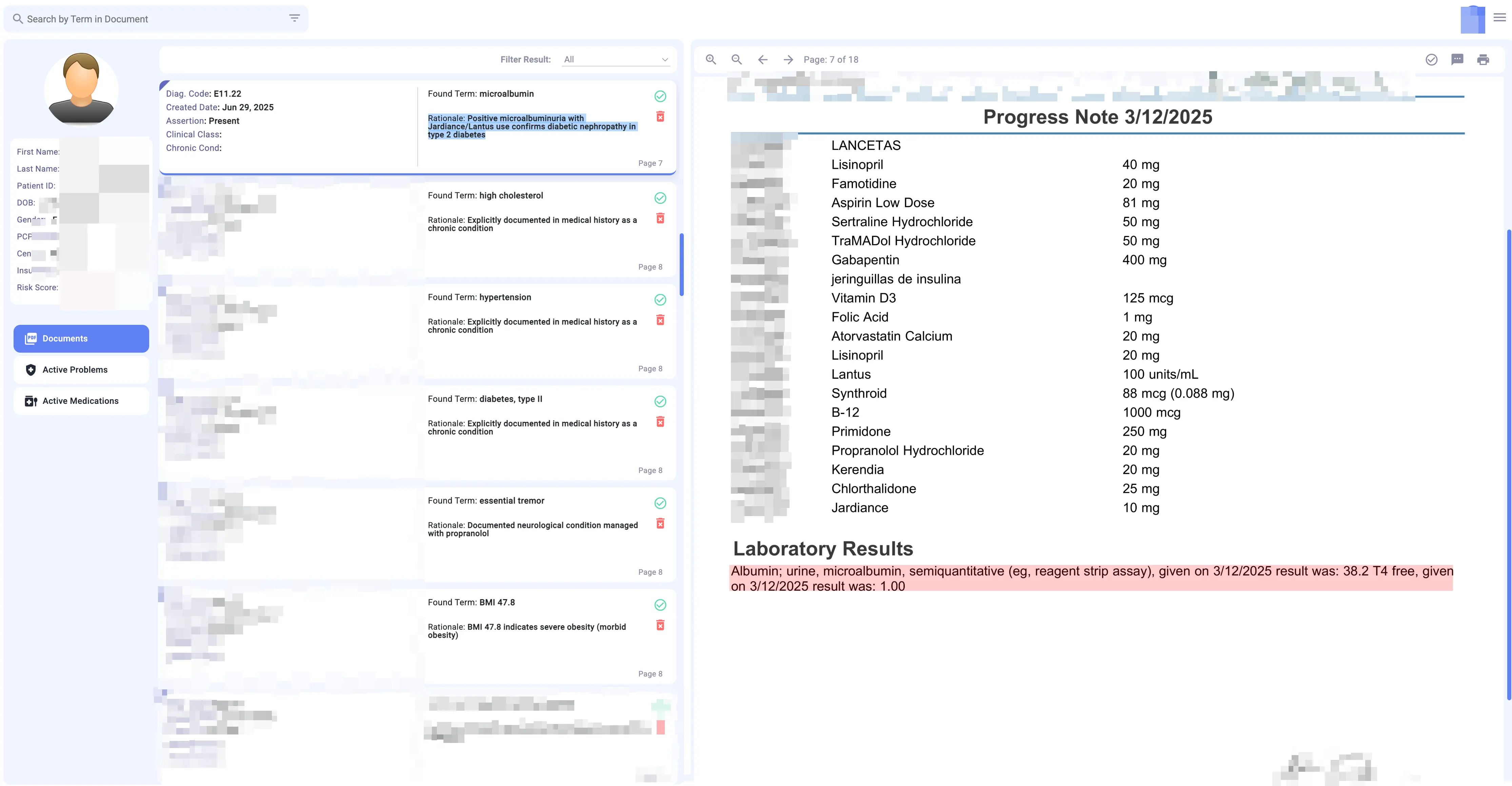 Screenshot of the MedChartScan platform showing AI-surfaced HCC suggestions with supporting evidence for coder review.