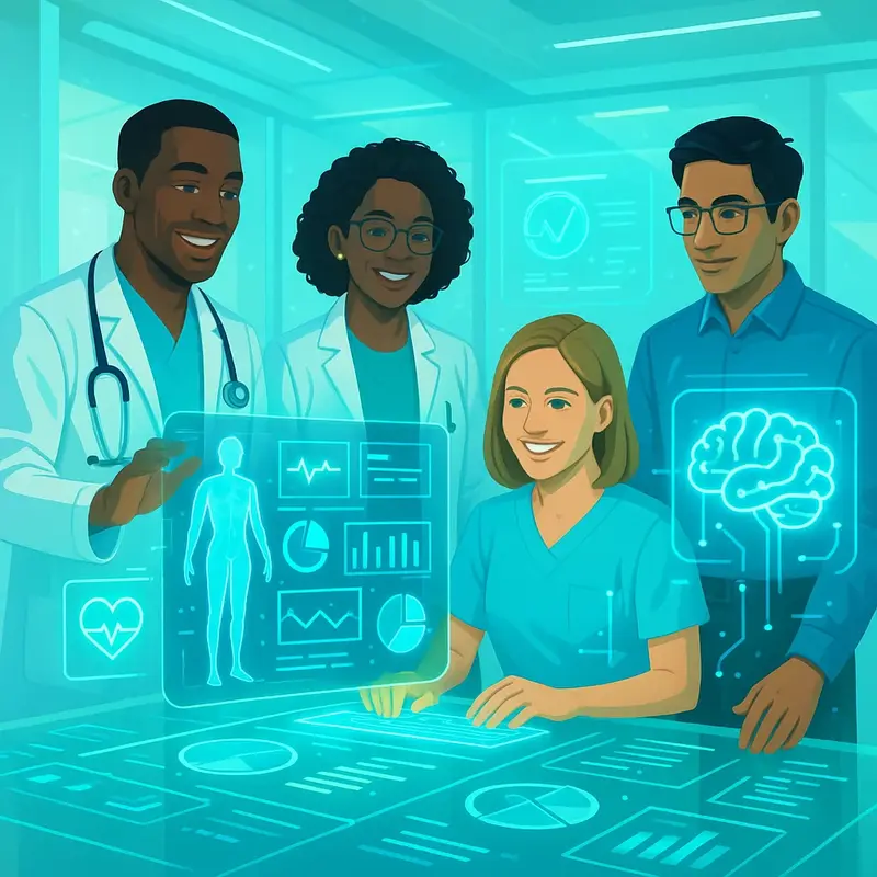 Team of healthcare professionals using MedChartScan's AI for HCC coding and RAF score optimization.